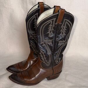 Tony Lama Vintage Boots Mens Size 7.5 Black and Brown Lizard Toe